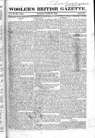 cover page of Wooler's British Gazette published on June 18, 1820