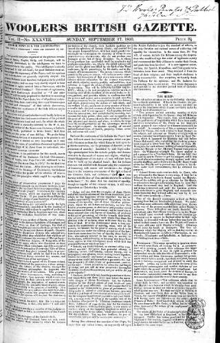 cover page of Wooler's British Gazette published on September 17, 1820