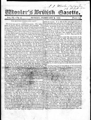 cover page of Wooler's British Gazette published on February 2, 1823