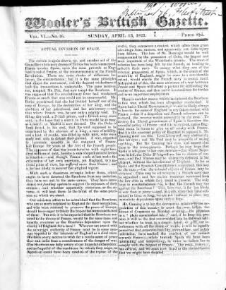 cover page of Wooler's British Gazette published on April 13, 1823