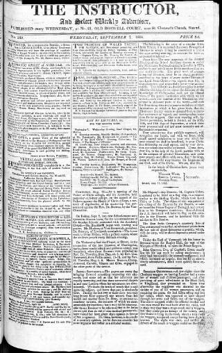cover page of Instructor and Select Weekly Advertiser published on September 7, 1814