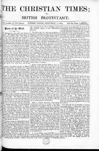 cover page of Christian Times published on September 17, 1869
