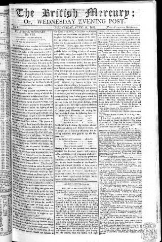 cover page of British Mercury or Wednesday Evening Post published on June 18, 1806