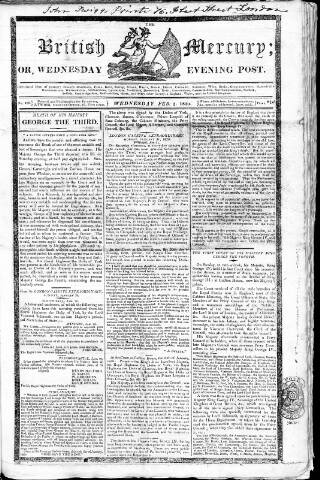 cover page of British Mercury or Wednesday Evening Post published on February 2, 1820