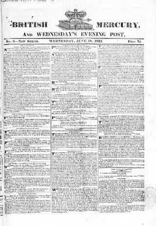 cover page of British Mercury or Wednesday Evening Post published on June 18, 1823