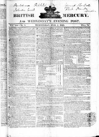 cover page of British Mercury or Wednesday Evening Post published on February 2, 1825