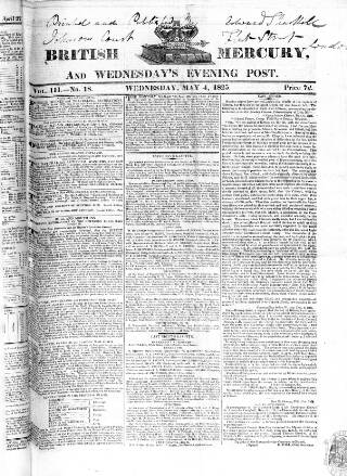 cover page of British Mercury or Wednesday Evening Post published on May 4, 1825