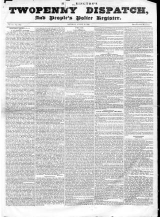 cover page of Hetherington's Twopenny Dispatch published on August 27, 1836