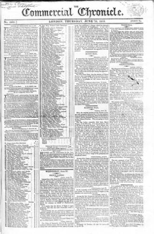 cover page of Commercial Chronicle (London) published on June 18, 1818