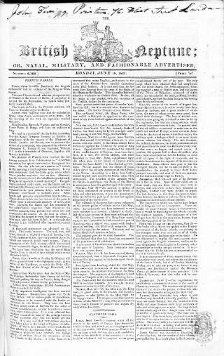 cover page of British Neptune published on June 18, 1821