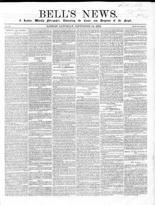cover page of Bell's News published on September 29, 1855