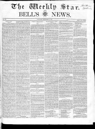 cover page of Weekly Star and Bell's News published on September 26, 1857