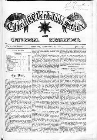 cover page of Weekly Star and Bell's News published on November 21, 1857