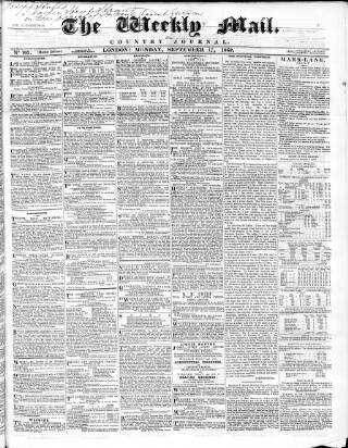 cover page of Weekly Mail (London) published on September 17, 1860
