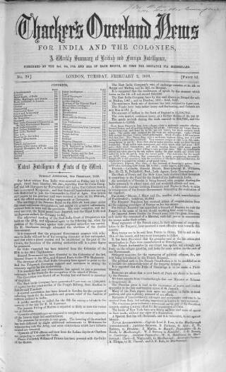 cover page of Thacker's Overland News for India and the Colonies published on February 2, 1858