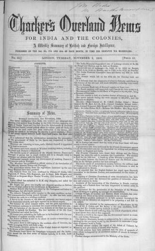 cover page of Thacker's Overland News for India and the Colonies published on November 2, 1858