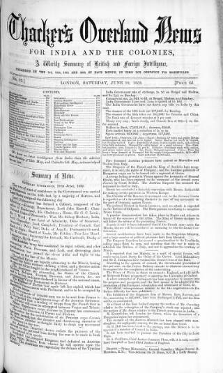 cover page of Thacker's Overland News for India and the Colonies published on June 18, 1859