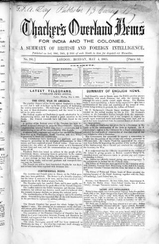cover page of Thacker's Overland News for India and the Colonies published on May 4, 1863