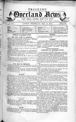 cover page of Thacker's Overland News for India and the Colonies published on May 18, 1864