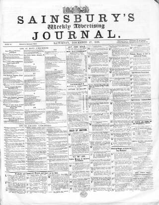 cover page of Sainsbury's Weekly Register and Advertising Journal published on December 17, 1859