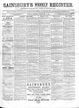 cover page of Sainsbury's Weekly Register and Advertising Journal published on February 2, 1861