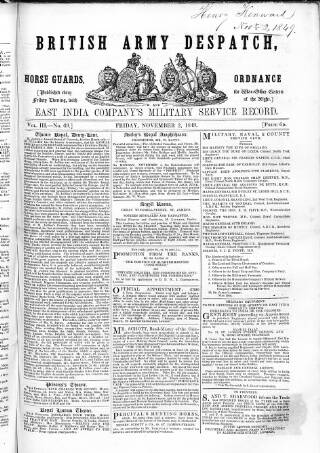 cover page of British Army Despatch published on November 2, 1849