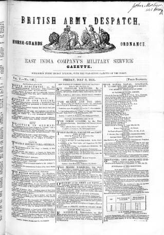 cover page of British Army Despatch published on May 2, 1851