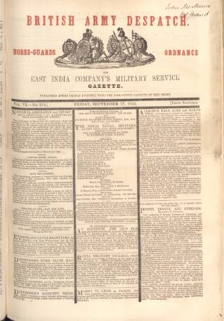 cover page of British Army Despatch published on September 17, 1852