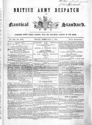 cover page of British Army Despatch published on February 2, 1855