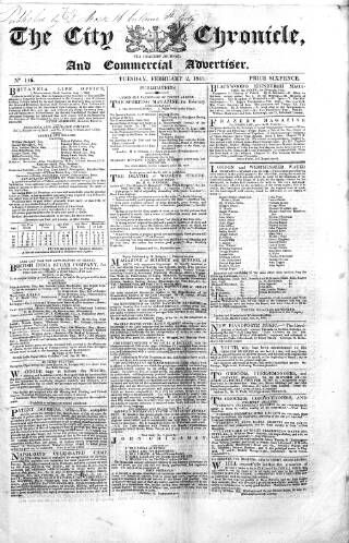 cover page of City Chronicle published on February 2, 1841