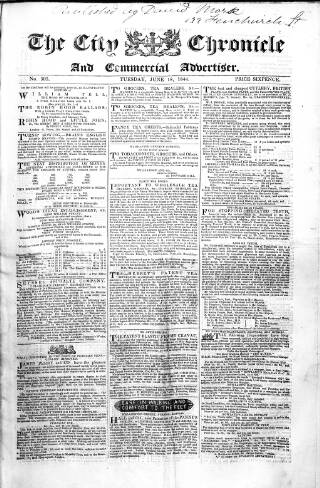 cover page of City Chronicle published on June 18, 1844