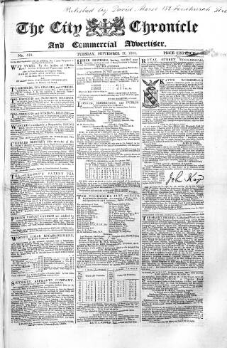 cover page of City Chronicle published on September 17, 1844