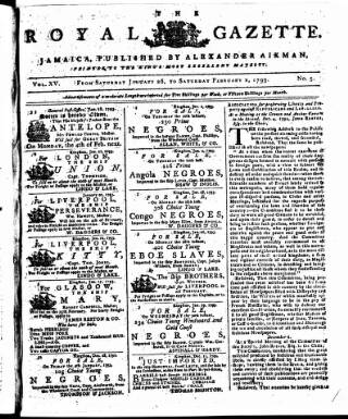 cover page of Royal Gazette of Jamaica published on February 2, 1793