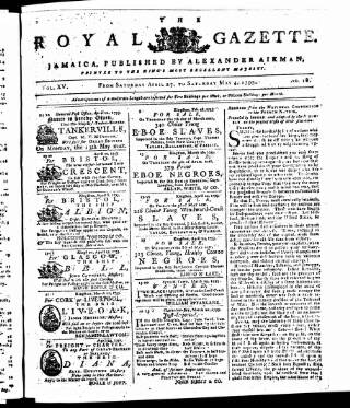 cover page of Royal Gazette of Jamaica published on May 4, 1793
