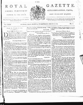 cover page of Royal Gazette of Jamaica published on March 19, 1814