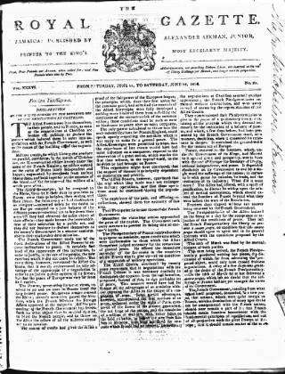 cover page of Royal Gazette of Jamaica published on June 18, 1814