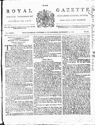 cover page of Royal Gazette of Jamaica published on September 17, 1814