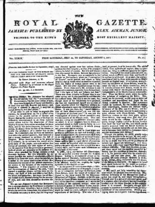 cover page of Royal Gazette of Jamaica published on August 2, 1817