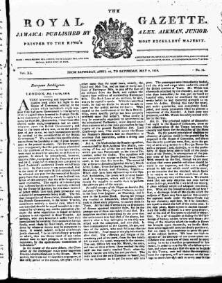 cover page of Royal Gazette of Jamaica published on May 2, 1818