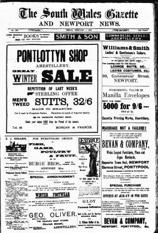 cover page of South Wales Gazette published on February 2, 1912