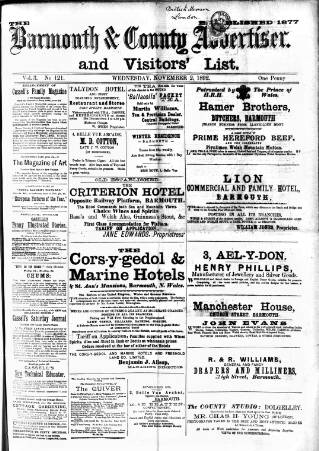 cover page of Barmouth & County Advertiser published on November 2, 1892