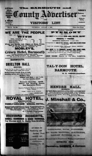 cover page of Barmouth & County Advertiser published on August 2, 1906