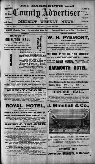 cover page of Barmouth & County Advertiser published on June 18, 1908