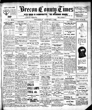 cover page of Brecon County Times published on August 2, 1923