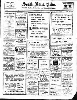 cover page of South Notts Echo published on June 18, 1921