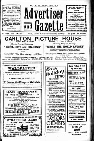 cover page of Wakefield Advertiser & Gazette published on August 2, 1921