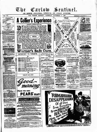 cover page of Carlow Sentinel published on November 2, 1889