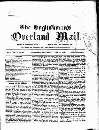 cover page of Englishman's Overland Mail published on June 18, 1881