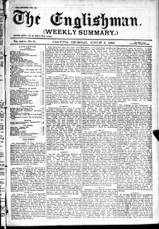 cover page of Englishman's Overland Mail published on August 2, 1900