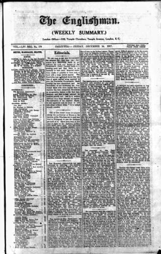 cover page of Englishman's Overland Mail published on December 14, 1917